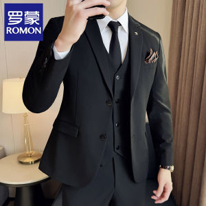 Romon Mens Slim Fit Business Suit Wedding Groomsmen Formal Wear Polyester Blend Standard Fit Two Button Single Breasted