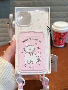 FOX Case iPhone 11 12 13 14 15 Pro Max XR Casing Softcase Casing Softcase Cute Pattern with Strap Kitten Bowknot