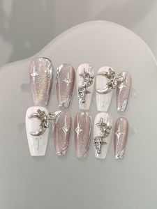 Handmade Wearable Nail Art Ice Transparent Grey Pink Cats Eye 3D Silver Moon Star Chain Design Luxury Feel Nail Tips