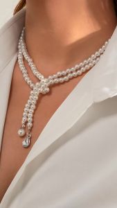 Imitation Pearl Beads Chain with Crystal Pendant Necklace for Women Long Tassels Necklaces 2024 Fashion Jewelry Neck Accessories