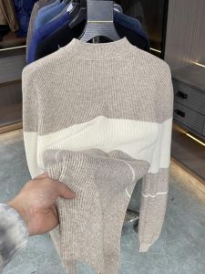 Soft Cozy Mens Knitted Sweater Half High Collar Stripe Color Block Autumn Winter Fashion Casual Long Sleeve Youth Style