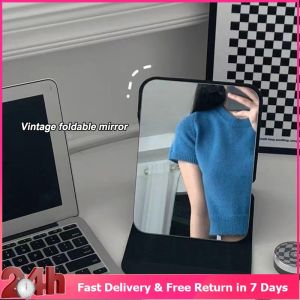 1pcs Portable Vintage Folding Mirror Pu Leather Student Dormitory Office Makeup Desktop Dressing