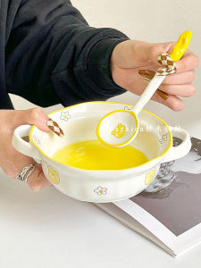 Cute Ceramic Bowl Double Ear Colorful Painting Soup Bowl Fresh Fruit Simple Salad Student Dormitory Dining Utensils