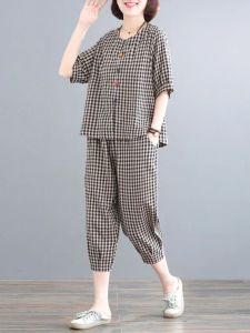 Bộ Đồ Hai Mảnh Kẻ Caro Mùa Hè Cho Mẹ Áo Tay Ngắn Rộng Rãi Quần Dài Đến Mắt Cá Chân Giảm Tuổi Tác Thời Trang Cho Phụ Nữ