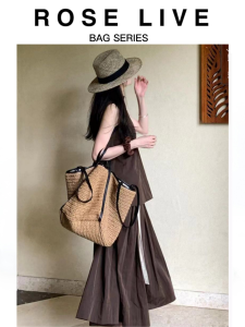 20204 Autumn New Lazy Style French Laffite Grass Woven Bag Womens Multi-Way Fashionable Vacation Tote Bag Soft Canvas Large Size