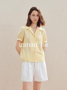 INMAN | Áo Sơ Mi Cổ V Tay Ngắn 100% Cotton Phong Cách Pháp Hoài Cổ