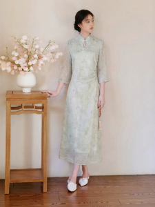 XIANGYING | Đầm Cheongsam Phong Cách Trung Quốc Mới Màu Xanh