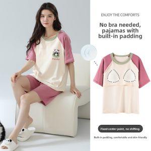 miiow | Catwoman Sleepwear Womens New 2025 Summer Short Sleeve Shorts With Chest Pad Integrated Can Be Worn Outside Home Clothes Set