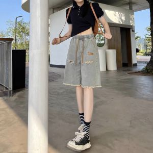 กางเกงขาสั้นยีนส์ขาดๆ สำหรับผู้หญิง กางเกงขายาวทรงหลวมสบาย ๆ ทรงหลวม ทรงตรง กางเกงขายาวห้าแฉก ทรงหลวมสบาย ๆ