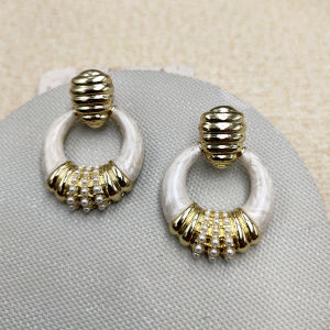 Chinese Style Retro Earrings Pearl White Enamel Glaze Gold Ring Silver Needle Vintage Simple Hong Kong Style B965