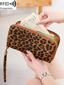 Fashion Leopard Print Womens Wallet RFID Blocking PU Leather Zipper Wallet Large Capacity Long Wallet Credit Card Clutch