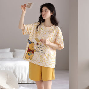 Miiow | Pure Cotton Womens Sleepwear Short Sleeve Summer Home Clothes Outdoor Wearable Two-Piece Set Cute Cartoon Print Round Neck
