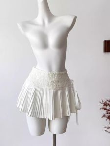 Elegant Pure Desire Short Half-length Skirt with Lace Splicing Knot Design Birthday Cake Pleated Skirt for Casual Wear