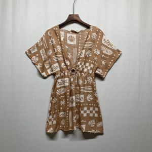 Summer New Fashion Korean Print V-neck Short Sleeve Womens Dress Slimming Waist High Waist A-line Skirt Cotton Blend