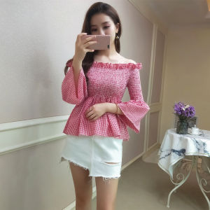 เสื้อยืดลายสก็อตแขนยาวทรงเข้ารูปคอวี แขนกระดิ่ง ทรงเข้ารูป ทรงเข้ารูป แขนยาว ทรงเข้ารูป เสื้อยืดผู้หญิง