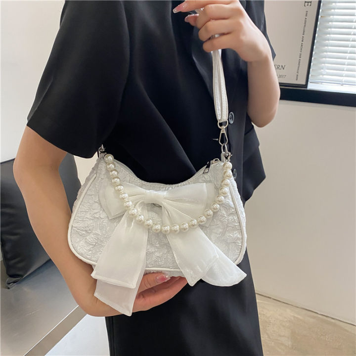 Pearl Bow-Knotted Shoulder Bag for Women Small Casual Baguette Crossbody Satchel with Zipper Closure and Single Root Strap