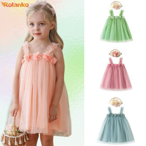 Rolanko 2Pcs Baby Girl Tulle Dress Sleeveless Toddler Birthday Party Dress Floral Sundress with Headband