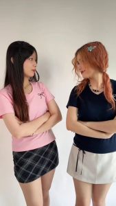 Áo thun baby tee cổ tim form ôm ABCTD1425 Miucho vải cotton co giản thoáng mát in basic