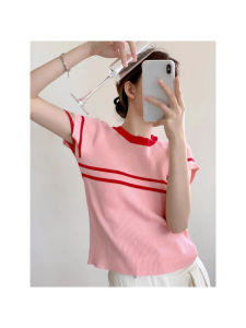 2025 Summer New Style Thin High-End Red Ice Silk Top Unique Beautiful Ootd Commute Korean Version Slim Fit round Neck T-shirt