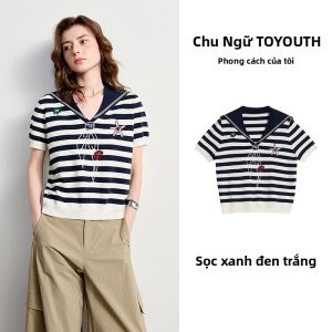 Toyouth | Áo Thun Đan Sọc Thêu Mùa Hè Lụa Mát Sailor
