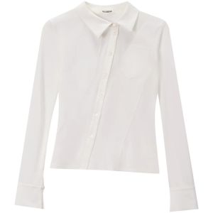 SOLWEIGE | SOLWEIGE Acetate Cotton Long Sleeve Shirt Patchwork Design See-through Slanting Placket Commute Style Slim Fit Womens Shirt