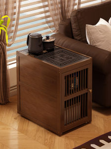 New Chinese Style Mobile Sofa Side Table Integrated Kettle Tea Water Cabinet Rectangular Bamboo And Black Stone Finish