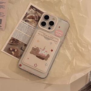 💗Internet celebrity trend+In stock+COD Korean Cute Bear Cake Card Holder Phone Case For iPhone 15 14 13 12 11 Pro Max X XR 7 8 Plus SE 3 Wallet Shockproof Soft Cover