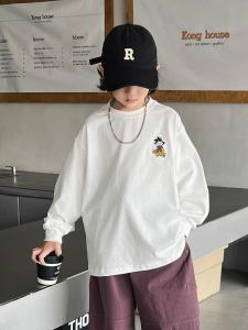 Autumn Casual Long Sleeve Cotton T-Shirt for Kids And Tweens Comfortable Breathable Pure Cotton Warm round Neck Pressed Flower Pattern