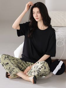 MiiOW | Pure Cotton Womens Sleepwear Short Sleeve Long Pants Set Cat Person 2025 Summer New Style Outwear Home Clothes