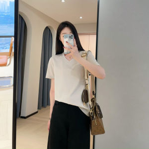 Wtheone Anti-Wrinkle Acetate Pima Cotton Liquid Ammonia Cool Feeling Shoulder White Short Sleeve T-shirt round Neck Summer New Arrival Tops