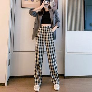 Black White Plaid Pants Womens Spring Autumn Summer Thin Narrow Straight Leg Long Casual Floor Length Wide Leg Pants