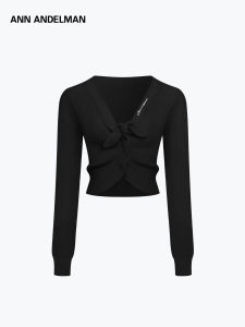 ANN ANDELMAN | Ribbon Tie V-neck Lattice Design Short Knit Sweater