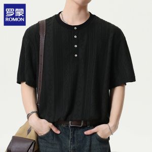 ROMON | American Casual Thin Textured Loose Round Neck T Shirt