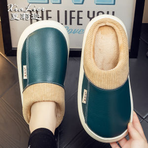 Leather Slippers Men and Women Couple Winter Indoor Home Non Slip Pure Cowhide Home Heattech Waterproof Thick-Soled Cotton Slippers