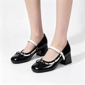 Trendy Mid Heel Glossy Rubber Mary Jane Shoes Sapatos pormal na babae Bow Accent Adjustable Strap Formal Casual Wear