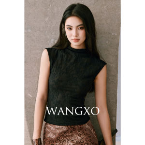 WANGXO | Áo Thun Không Tay Ôm Body Thêu Hoa Văn 3D