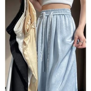 กางเกงขายาวทรงหลวมเอวสูงผ้าซาตินอะซิเตทสำหรับผู้หญิงในช่วงฤดูร้อน กางเกงขายาวทรงตรงทรงหลวมเอวยางยืดบาง