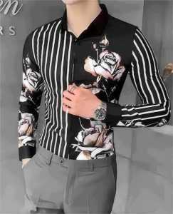 Autumn New Arrival Florals Stripes Patchwork Men Casual Shirt Handsome Trendy Fashion Mens Clothing Silm Printed Shirt Mens