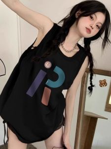 เสื้อกั๊กแขนกุดคอวีผ้าฝ้ายแท้สไตล์ย้อนยุคสไตล์อเมริกันสำหรับผู้หญิงในช่วงฤดูร้อนปี 2024 เสื้อคลุมแบบสวมหัวแบบลำลอง