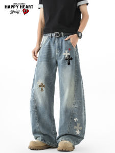 CHARLES JANGS HAPPY HEART | Retro Cross Heart Print Mens Straight Leg Jeans