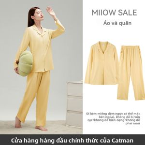 Bộ đồ ngủ nữ MiiOW vải cotton có đệm ngực tay dài quần dài thoáng khí - mùa hè