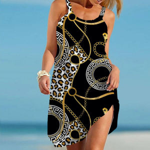 round Neck Strap Printed Beach Skirt Womens round Neck Camisole Print Beach Skirt