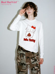 Realbadgirl Kitty Prank Long Sleeve T-shirt Millennium Y2K HelloShitty Casual Cotton Print Cartoon Gaming Top for Women