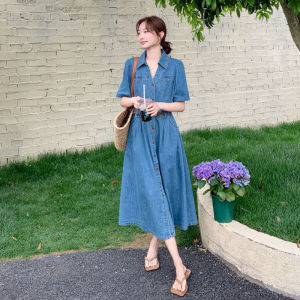 Retro Hong Kong Style Thin Denim Dress Women Summer 2025 New Classy V-Neck Waist-Cinching Slimming Casual Shirt Long Dress
