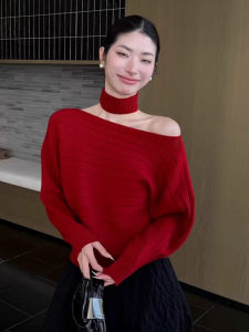 YUEZHONGWEI | Red Off-Shoulder Neck Hanger Sweater