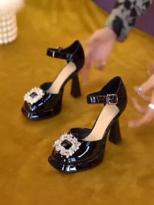 French Vintage High Heels Womens Sandals Fashion 2025 Small Square Head Rhinestone Buckle Back Cover Sandals Thin Heel Single Shoes