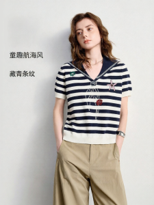 Toyouth | Áo Sweater Phong Cách Hàng Hải Tay Ngắn Có Đính Thêu Sọc