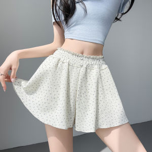 White Floral Print Shorts Womens Summer Sporty Elastic Waist A-Line Wide Leg Hot Pants Asymmetrical Commute Style High Waist