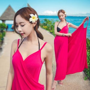Bikini Cover up Beach Dress Bali Backless Long Skirt Wrap Dress Thermal Spa Beachside Bohemian Style Pure Color Swimming Suit Outerwear
