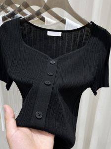 Ice Silk Thin Short Sleeve T-Shirt Design Sensation Summer New Style Slimming Versatile Top Korean Version Knitted V-neck Tee